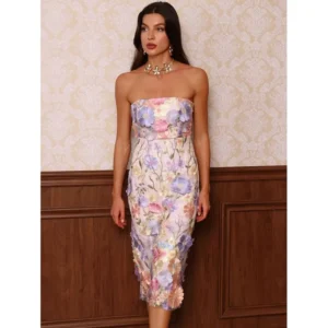 MSMUSI 2025 New Fashion Women Sexy Strapless Floral Lace Mesh Sleeveless Backless Bodycon Party Club Event Midi Dress Vestidos - Image 5