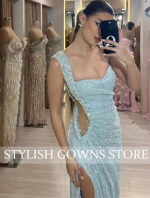 Women Evening Dress Spaghetti Strap Shiny Sequin Off Shoulder Sleeveless Low-cut High Split Loose Floor جديد في الأطقم الكامل - Image 4