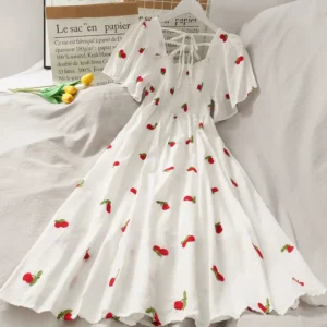 Summer Super Fairy White, Strawberry Printed Dress Women's Beautiful Bk 2024 New Ling Mid-Length Dress Ins Fashion - Image 3