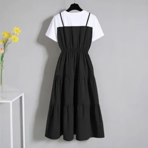Fake Two Pieces Women Dress Color Block Short Sleeve Waist Tight Long Dress Korean Fashion Summer Midi Dresses Streetwear - Image 5