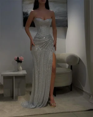 Mila Strapless Mermaid Prom Dresses 2025 Sleeveless Sequins Evening Dresses Elegant Side High Split Customized Party Dresses