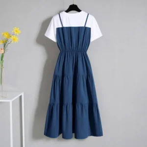 Fake Two Pieces Women Dress Color Block Short Sleeve Waist Tight Long Dress Korean Fashion Summer Midi Dresses Streetwear - Image 4