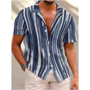 New Men's Shirts Fashion Stripes Print Short-sleeved Tees Summer Tops Men Turn-down Collar Button Casual T-shirt Clothing - Image 4