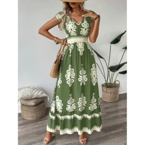 Cross-Border Summer 2025 Women's Beach Dress Vacation Style Print Maxi Skirt Polyester Fiber V-Neck Short Sleeve Ankle-Length - Image 3