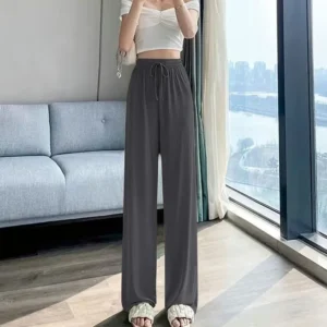 New Ice Silk Slim Wide Leg Pants Women Summer Thin High Waist Drape Loose Straight Casual Pants Slimming Effect - Image 4