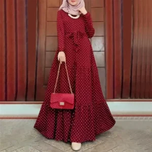 New Moroccan Muslim Long Sleeve Round Dot Dress Fashionable Belted Sun Dress Party Long Gown In Stock - Image 5