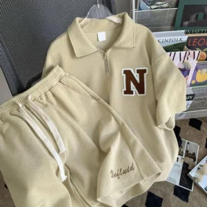 Waffle Texture Women T-shirt Shorts Set Zipper Neckline Letter Decor Men Women Loose T-shirt Shorts Jogger Outfit Sports Suit - Image 2