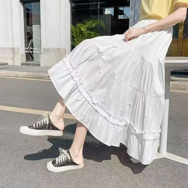 Casual Vintage Women Skirt Matching Chic Lady's White Skirt Sweet Girl's Cake Skirt Elastic Waist A-Line Mid Length Flare Skirt - Image 3