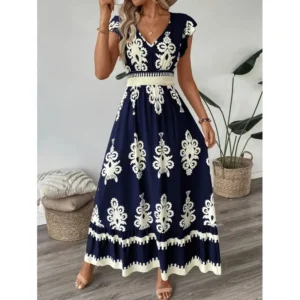 Cross-Border Summer 2025 Women's Beach Dress Vacation Style Print Maxi Skirt Polyester Fiber V-Neck Short Sleeve Ankle-Length - Image 5