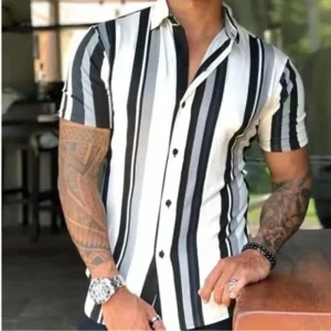 New Men's Shirts Fashion Stripes Print Short-sleeved Tees Summer Tops Men Turn-down Collar Button Casual T-shirt Clothing - Image 3