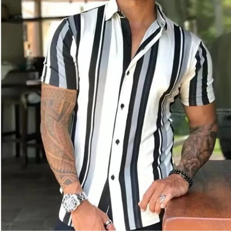 New Men's Shirts Fashion Stripes Print Short-sleeved Tees Summer Tops Men Turn-down Collar Button Casual T-shirt Clothing - Image 3