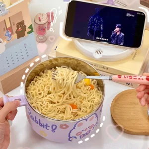 Kawaii Stainless Steel Ramen Bowl With Lid Cute Large Instant Noodles Fruit Salad Rice Soup Bowl Kitchen Tableware 1000/1300ml - Image 3