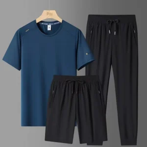 Summer New Men's Ice Silk Sports Set Quick Drying Breathable Cool Round Neck Short Sleeve Shorts Long Pants 3-Piece Set Large - Image 5