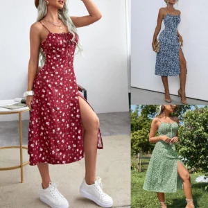 Women's Clothing Summer 2024 Trend Floral Dress, Flower Print Spaghetti Strap Sleeveless with High Slit for Ladies - Image 2