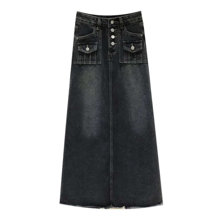 S-5XL New Streetwear Denim Skirt Spring Summer Fashion Frayed Hem Pocket High Waist Long Jeans Skirt Loose Plus Size Skirt - Image 5