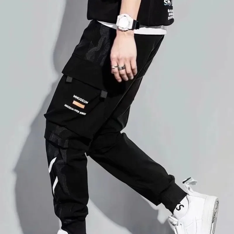 Black Men's Sweatpants Loose-Fit Casual Pants Trendy Brand Versatile 9/4ths Length Cargo Pants For Spring Summer Thin Style