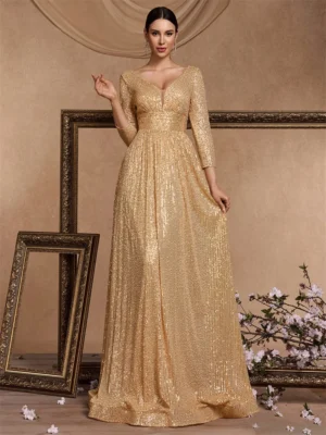 Lucyinlove Luxury V Neck Long Sleeves Blue Sequins Formal Evening Dress Women 2024 Wedding Party Prom Maxi Cocktail Dress Gowns - Image 3