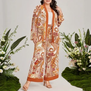Plus Size Rafiah Women's Summer 2025 Sets Paisley Print Long Sleeve Top Wide Leg Pants Contrast Trim Retro Two Piece Sets - Image 3