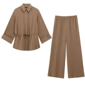 Spring 2025 ZR Women's Hunting Style Long Sleeve Shirt High Waist Casual Pants New Arrival Polyester Blend Fashionable Outfit