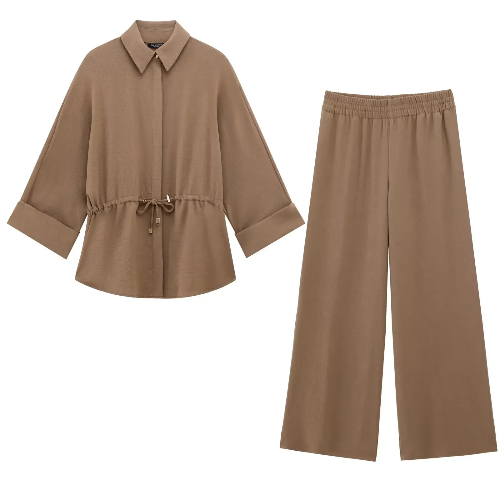 Spring 2025 ZR Women's Hunting Style Long Sleeve Shirt High Waist Casual Pants New Arrival Polyester Blend Fashionable Outfit