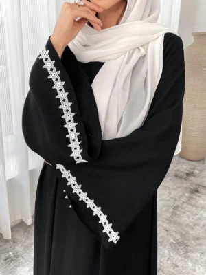 Rafiah Loose Turkish Maxi Dress Patchwork Simple with Wide Sleeves and Ribbon Trim for Women Arabian Dress - Image 3
