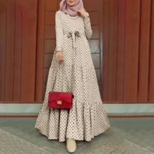 New Moroccan Muslim Long Sleeve Round Dot Dress Fashionable Belted Sun Dress Party Long Gown In Stock - Image 4