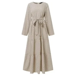 New Moroccan Muslim Long Sleeve Round Dot Dress Fashionable Belted Sun Dress Party Long Gown In Stock - Image 6
