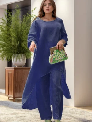 Women Autumn Casual Cotton Linen O Neck Solid Pullover Elegant Fashion Wide Leg Pant Irregular Hem Top Long Sleeve Commute Suit - Image 4