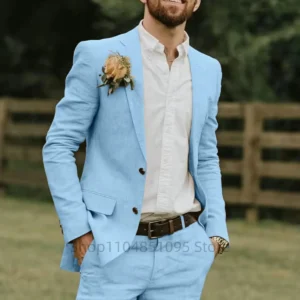 Wedding Linen Slim Fit Suits for Men Notched Lapel Balzer Pants Groom Tuxedo Casual Man Clothes Summer Costumes Homme Mens Suit