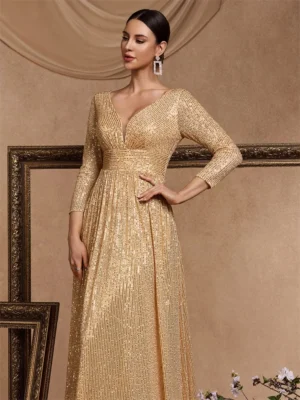 Lucyinlove Luxury V Neck Long Sleeves Blue Sequins Formal Evening Dress Women 2024 Wedding Party Prom Maxi Cocktail Dress Gowns - Image 6
