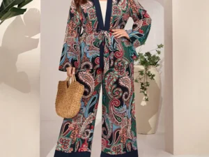 Plus Size Rafiah Women's Summer 2025 Sets Paisley Print Long Sleeve Top Wide Leg Pants Contrast Trim Retro Two Piece Sets