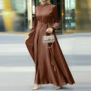 Women's Muslim Style Round Neck Long Sleeve Tie Up Waist Slim Fashion Elegant Robe Loose Dress - Image 2