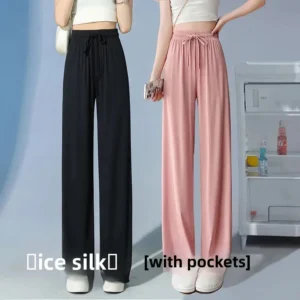 Summer New High Waist Draped Ice Silk Women's Casual Pants Sun Protection Cool Quick Dry Breathable Sporty Long Trousers