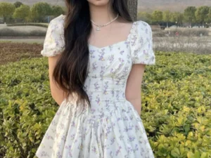 High Waist Dress Women Summer Floral Sweet Square Collar Puff Sleeve Princess Girlish Tender Elegant Korean Style Preppy Chic