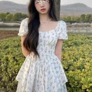 High Waist Dress Women Summer Floral Sweet Square Collar Puff Sleeve Princess Girlish Tender Elegant Korean Style Preppy Chic