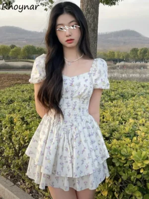 High Waist Dress Women Summer Floral Sweet Square Collar Puff Sleeve Princess Girlish Tender Elegant Korean Style Preppy Chic