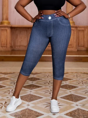Plus-size Women's capri Leggings in Imitation Denim Pattern for Fashionable and Casual Wear High Stretchability for Active Short - Image 2
