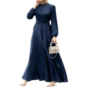 Women's Muslim Style Round Neck Long Sleeve Tie Up Waist Slim Fashion Elegant Robe Loose Dress - Image 5