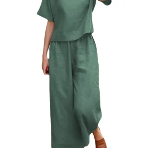 Summer New Women's Fashion Cotton Linen Suit Short Sleeves 2-Piece Set European American Line Color Cross-Border Trade - Image 5
