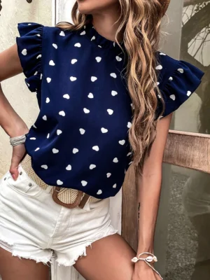 Fashion Chiffon Print Women's Shirt Casual Ruffle Short Sleeve Top Pink Chic Woman Blouse And Shirts Elegant Blouses Summer 2024 - Image 5
