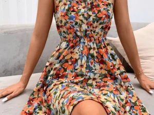 Sexy Floral Print Short Dress Women Summer Fashion Black Backless Beach Sundress Casual Sleeveless Lace-up New In Dresses 2024