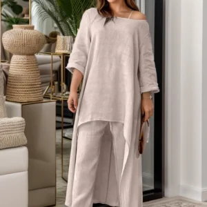 Women Autumn Casual Cotton Linen O Neck Solid Pullover Elegant Fashion Wide Leg Pant Irregular Hem Top Long Sleeve Commute Suit