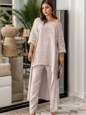 Women Autumn Casual Cotton Linen O Neck Solid Pullover Elegant Fashion Wide Leg Pant Irregular Hem Top Long Sleeve Commute Suit - Image 3
