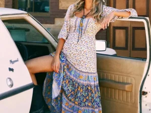 ZBZR Spring New Faion Simple Printed Casual Long Sve Dr Ele High Waist Polyester Fiber A-Line Summer Dr