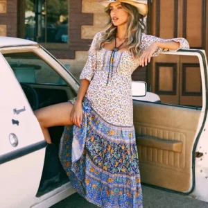 ZBZR Spring New Faion Simple Printed Casual Long Sve Dr Ele High Waist Polyester Fiber A-Line Summer Dr