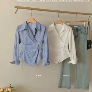 Plus Size Design Sensibility Irregular Waist-Fitted Slimming Shirt Women's Elegant Lapel Long Sleeve Jacket 2024 New Style