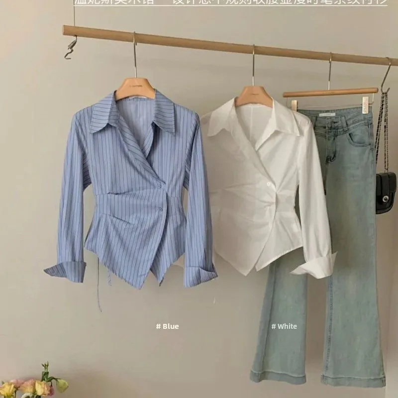 Plus Size Design Sensibility Irregular Waist-Fitted Slimming Shirt Women's Elegant Lapel Long Sleeve Jacket 2024 New Style