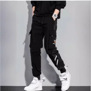 Black Men's Sweatpants Loose-Fit Casual Pants Trendy Brand Versatile 9/4ths Length Cargo Pants For Spring Summer Thin Style - Image 2