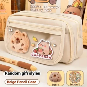 7Pcs Cute Capybara Canvas Pencil Case Set with Doll Stickers Spacious Layered Compartment Zipper Closure Back to School Supplies - Image 3