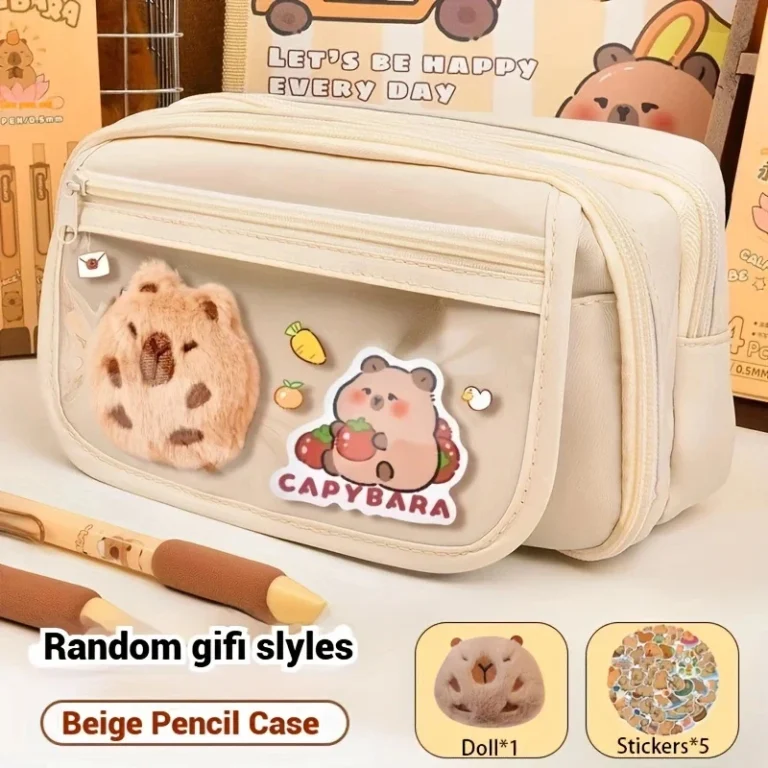 7Pcs Cute Capybara Canvas Pencil Case Set with Doll Stickers Spacious Layered Compartment Zipper Closure Back to School Supplies - Image 3
